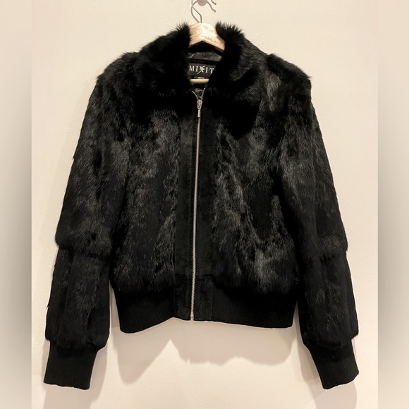 Mixit Rabbit Fur Suede Plush Bomber Jacket size M Y2K * Excellent Condition * - Picture 1 of 12